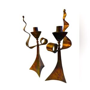 Mid-century Modern Pair of Solid Copper Acid Washed Candlesticks